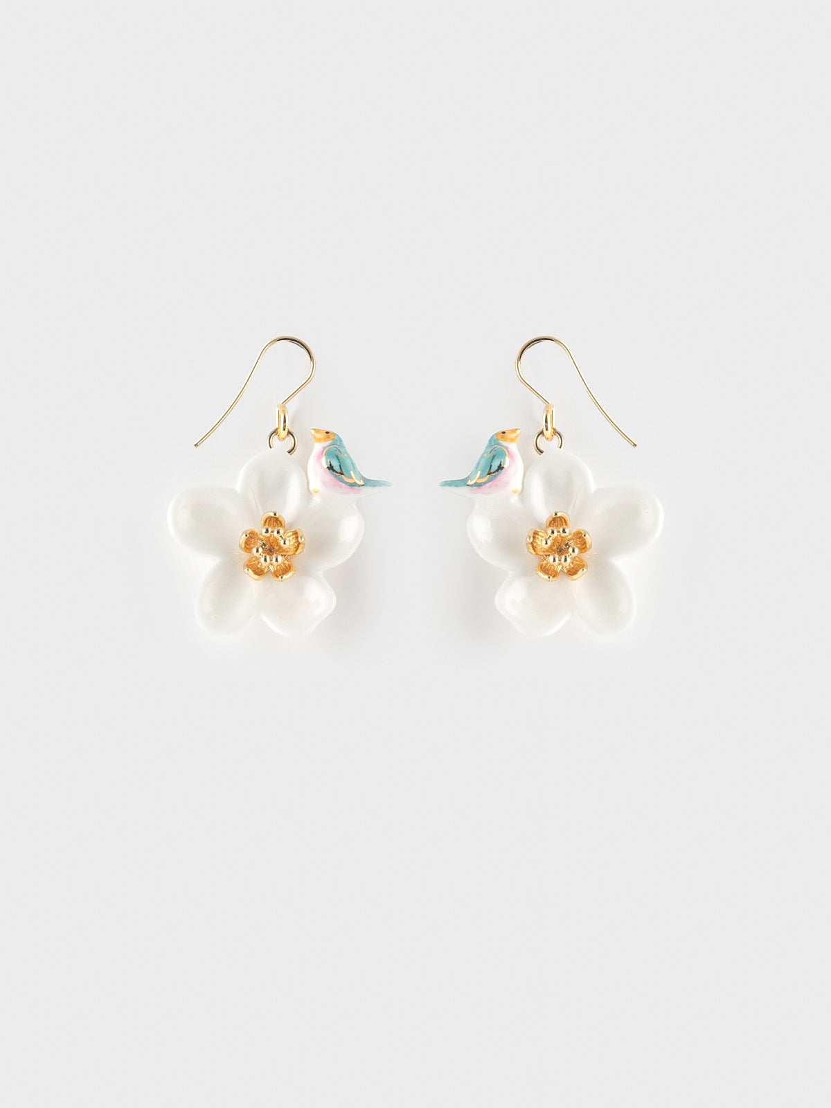 Boucles d'oreilles fleur blanche et oiseau bleu