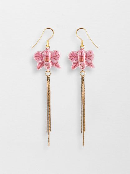 Boucles d'oreilles orchidée rose avec franges