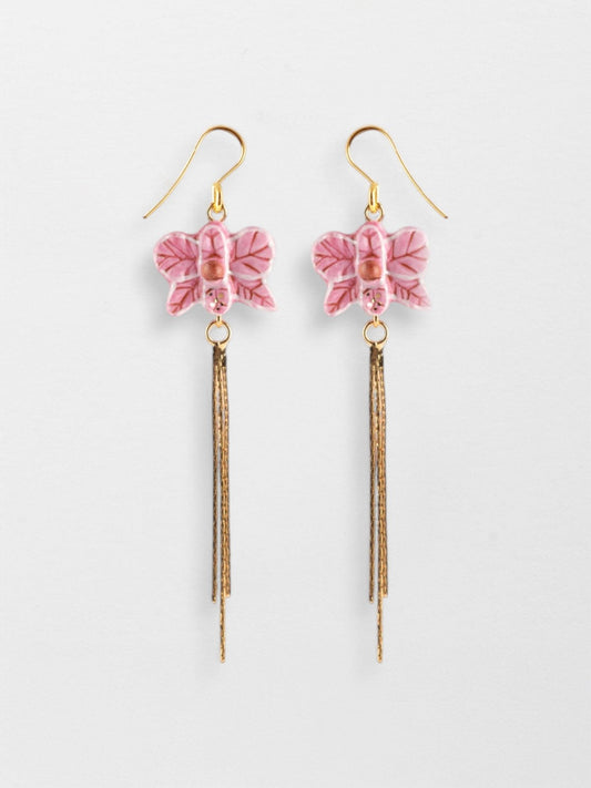 Boucles d'oreilles orchidée rose avec franges
