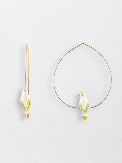Large white parakeet hoop earrings