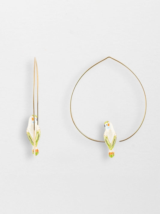 Large white parakeet hoop earrings