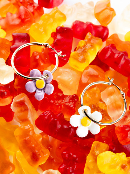 Small two-tone floral hoop earrings