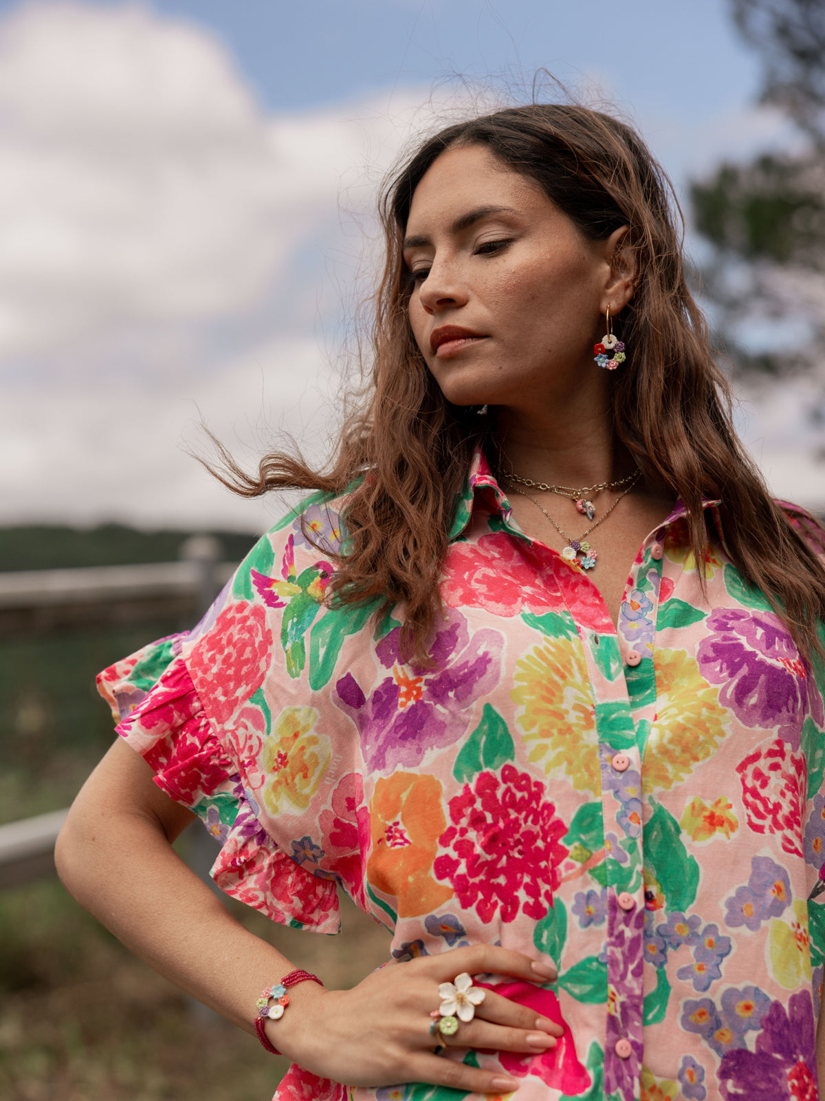 Small hoop earrings with flower crown