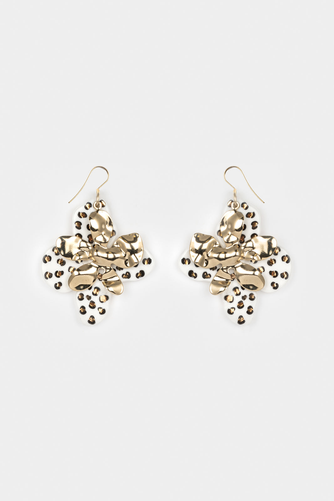 White and gold leopard petal drop earrings