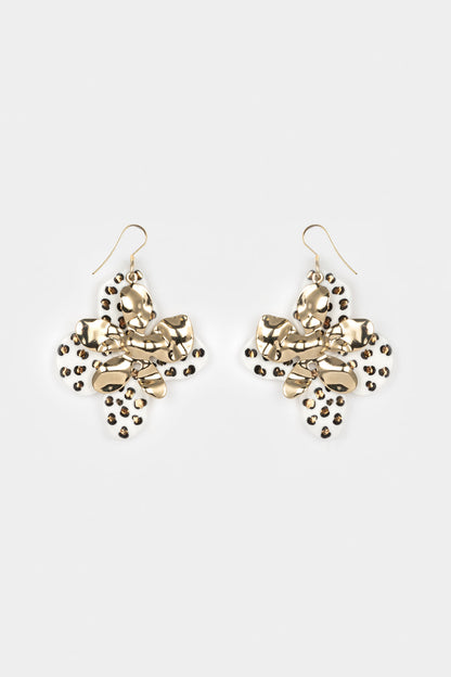 White and gold leopard petal drop earrings