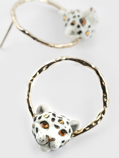 Round white leopard print earrings