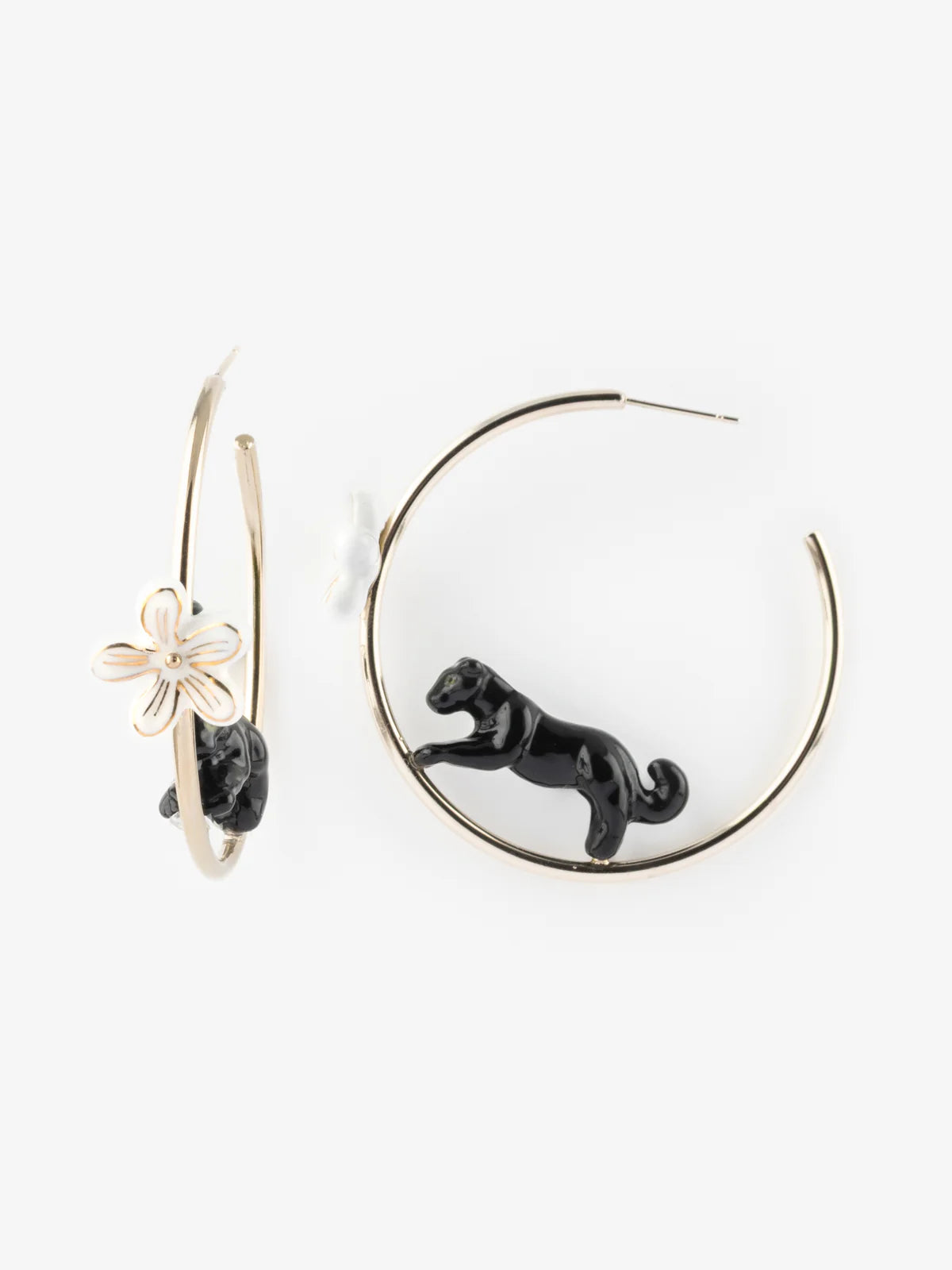Round hoop earrings with panther and flower print