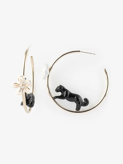 Round hoop earrings with panther and flower print