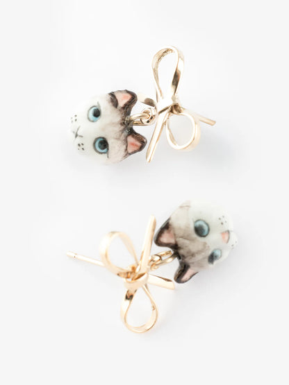 Boucles d'oreilles puces - chat Ragdoll et nœud