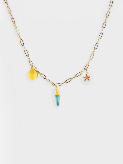 Blue parakeet, lemon and flower necklace