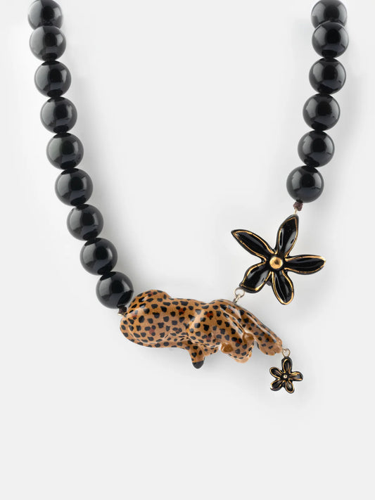 Collier Léopard, fleur et perles