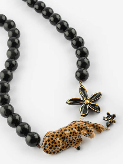 Collier Léopard, fleur et perles