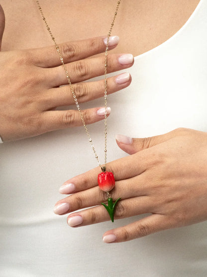 Long collier Tulipe rouge