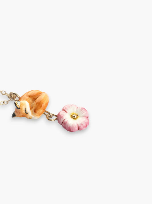 Sleeping fox and sky rose necklace