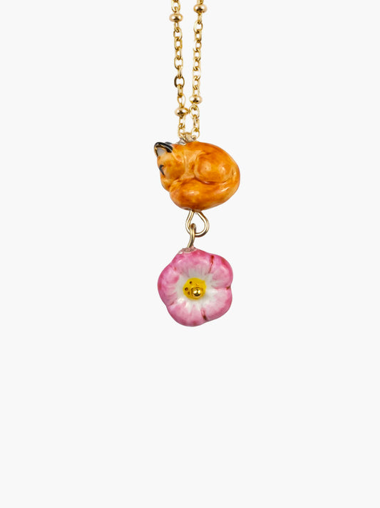 Sleeping fox and sky rose necklace