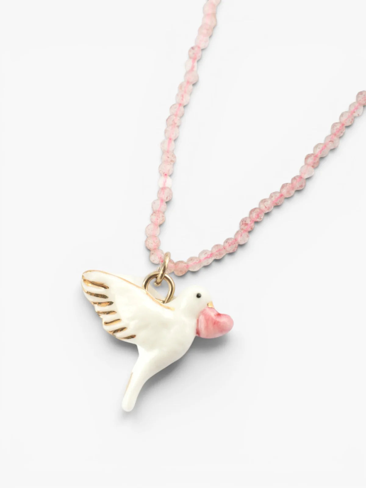 Collier colombe et perles de quartz - Octobre rose