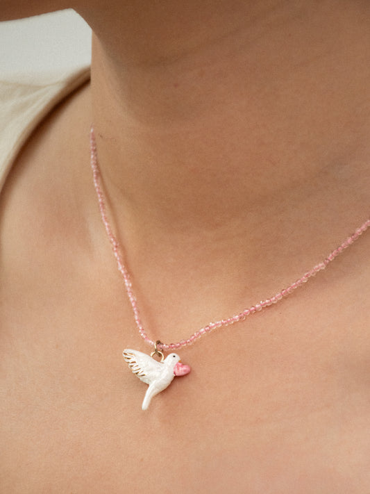 Dove and quartz bead necklace - Pink October