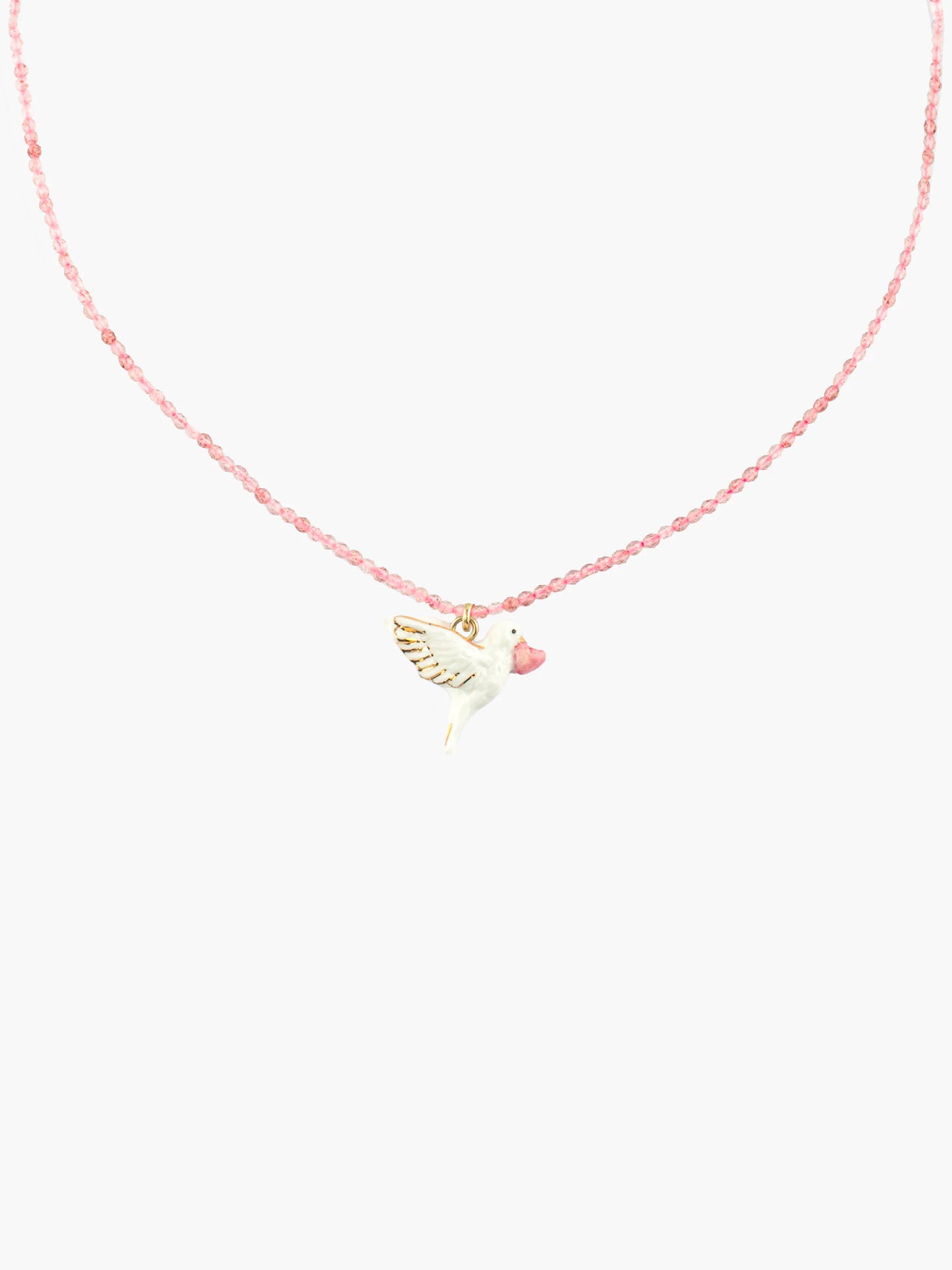 Collier colombe et perles de quartz - Octobre rose