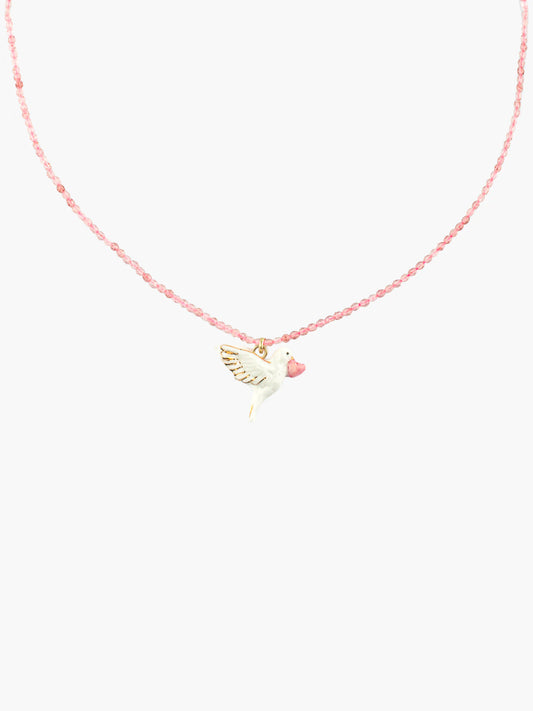 Collier colombe et perles de quartz - Octobre rose