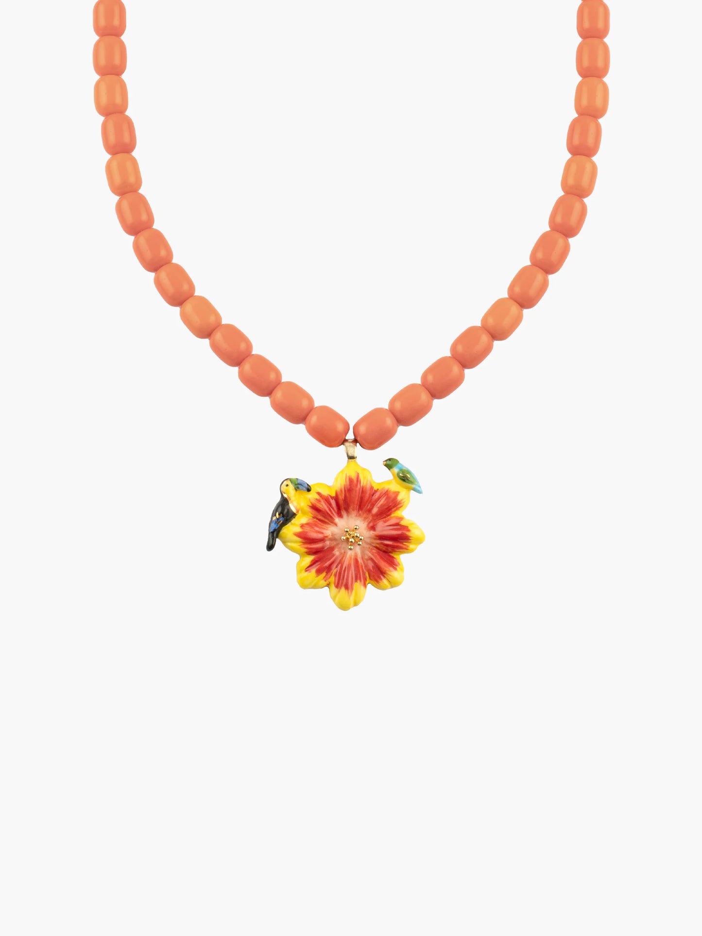 Collier perlé oiseaux et fleur jaune