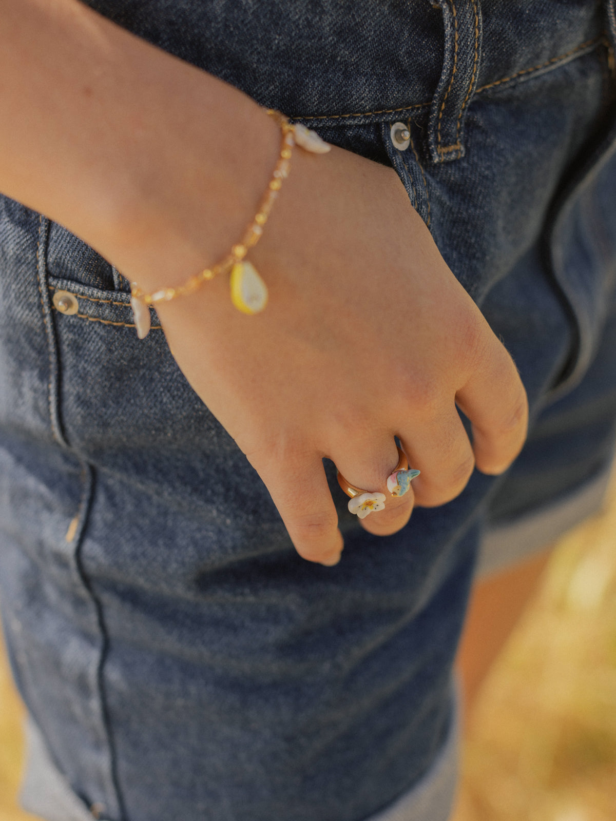 Bague FaceToFace oiseau bleu & fleur de poirier
