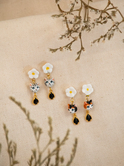 boucles d'oreilles pendantes chat gris tabby fleur pampille porcelaine