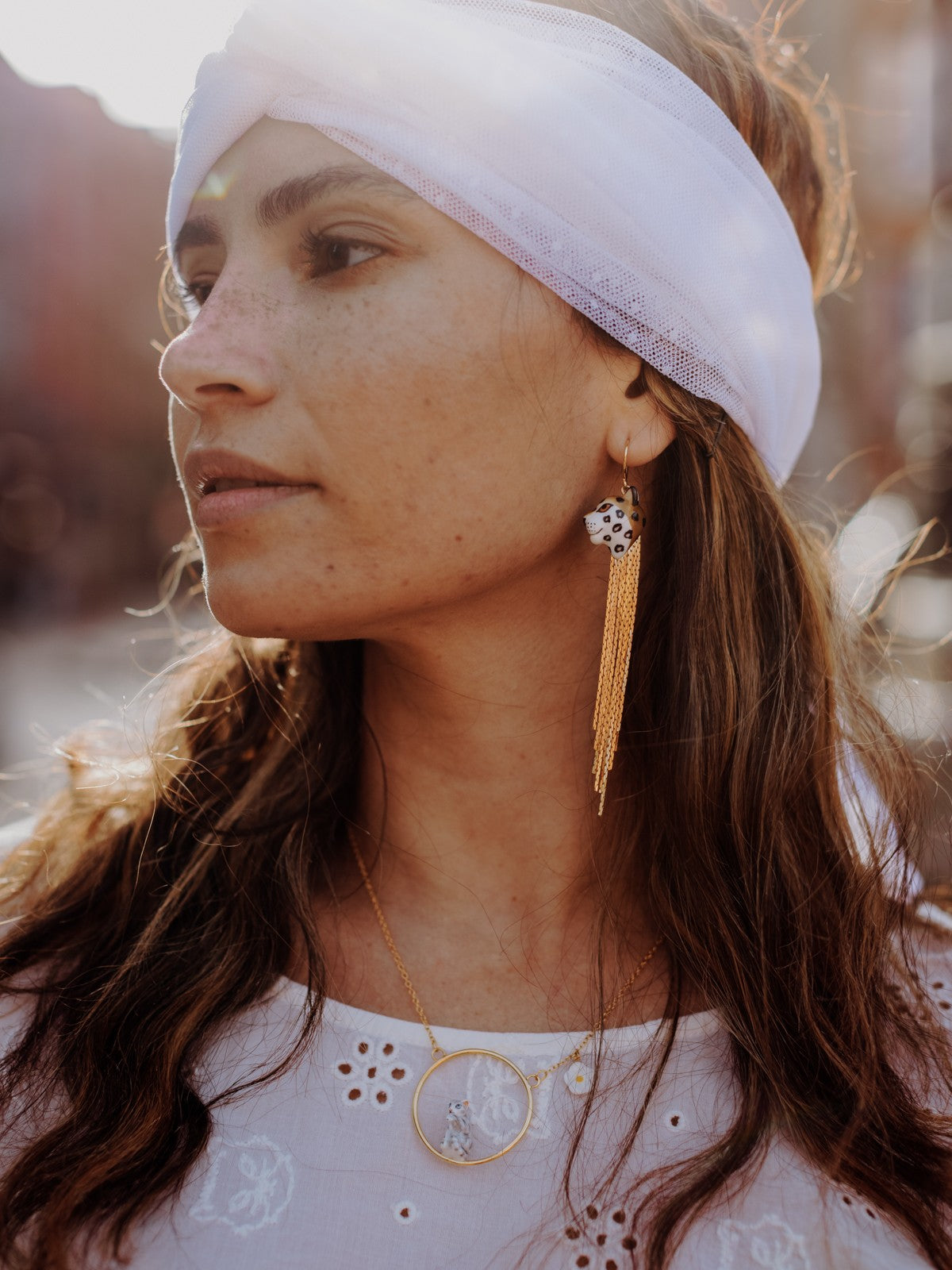 bijou boucles d'oreilles pendantes avec franges animal léopard en porcelaine peinte à la main