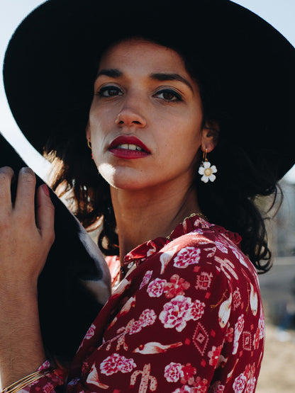 Boucles d'oreilles fleur oiseau porcelaine peint a la main