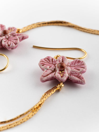 Boucles d'oreilles orchidée rose avec franges