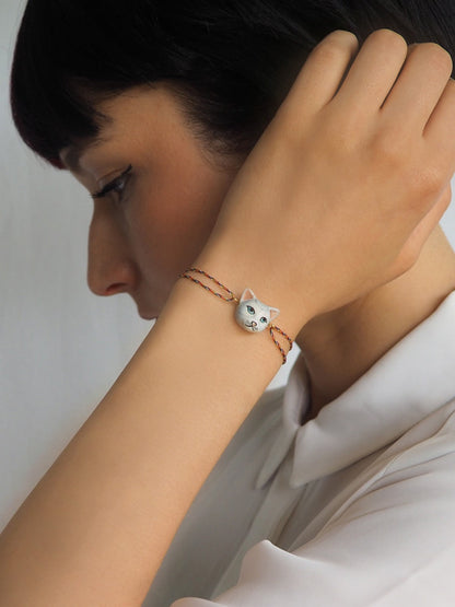 bracelet ajustable en porcelaine peinte à la main et coton animal chat tabby gris