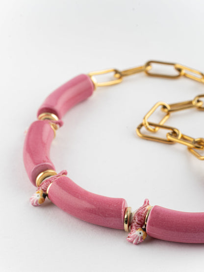 Collier cacatoès & perles roses