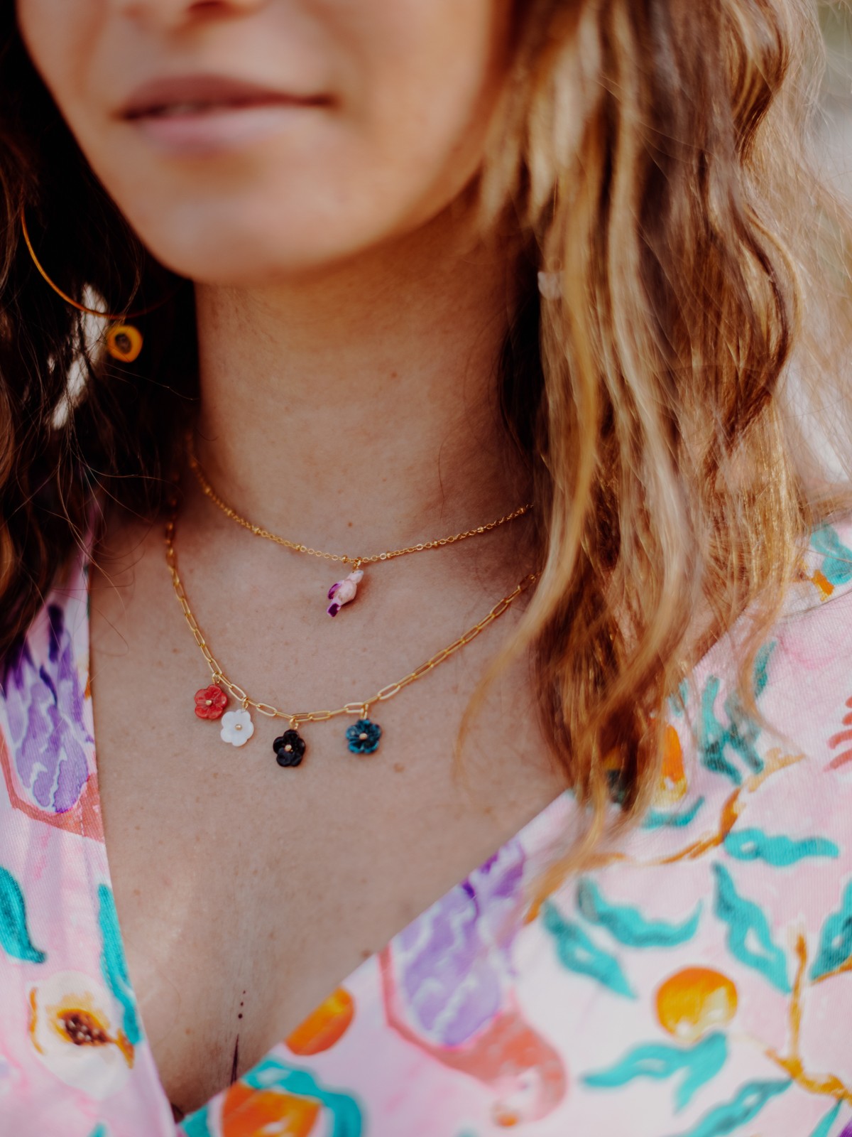 Collier fleurs végétal porcelaine peint à la main