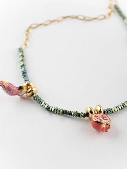 Collier perles d'hématite perruches & grenades