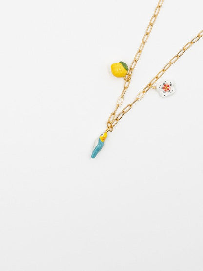 Blue parakeet, lemon and flower necklace