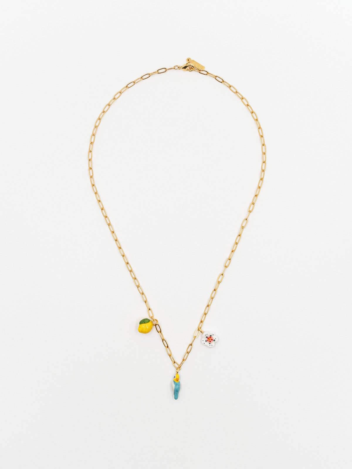 collier doré citron fleur perroquet oiseau bleu jaune porcelaine