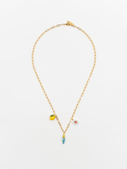 collier doré citron fleur perroquet oiseau bleu jaune porcelaine