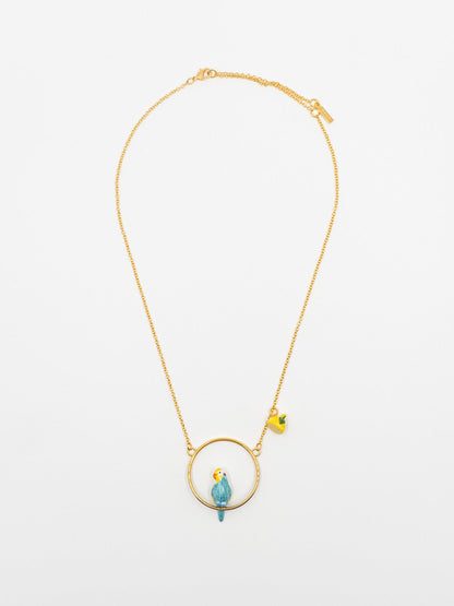 collier doré rond perruche bleue jaune oiseau citron porcelaine