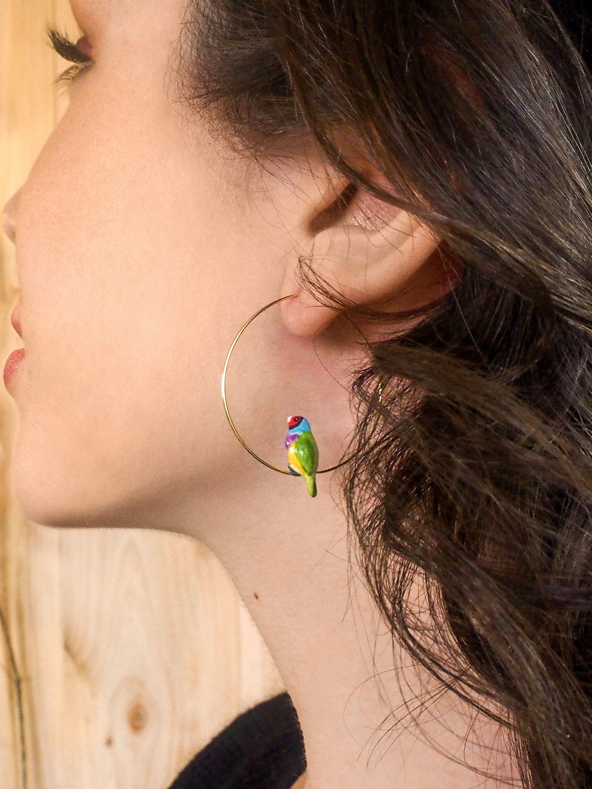 bijou boucles d'oreilles créoles animal oiseau diamant de gould en porcelaine peinte à la main