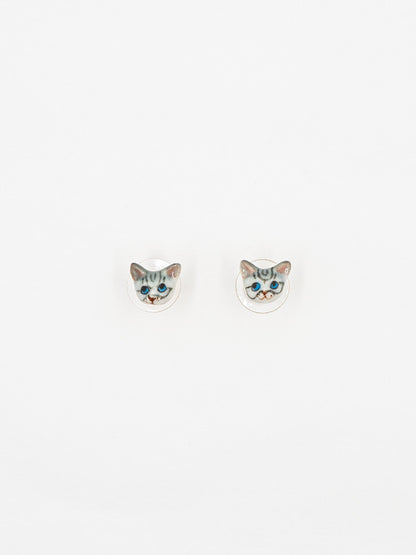 boucles d'oreilles puces chat gris tabby porcelaine