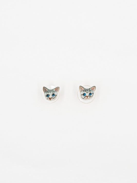 boucles d'oreilles puces chat gris tabby porcelaine