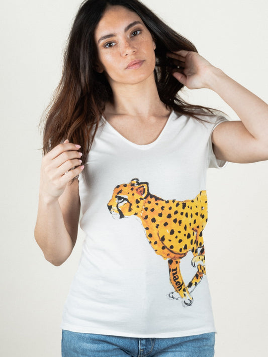 T-shirt blanc dessin guépard 100% coton